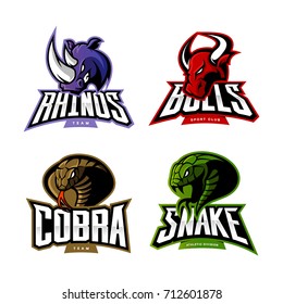 Furious rhino, bull, cobra, snake vector logo concept set isolated on white. Street wear mascot sport team badge design. Premium quality wild animal emblem t-shirt tee print illustration.