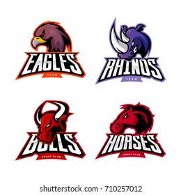 Furious rhino, bull, eagle and horse sport vector logo concept set isolated on white. Street wear mascot team badge design. Premium quality wild animal emblem t-shirt tee print illustration.