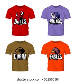 Furious rhino, bull, eagle and snake sport vector logo concept set isolated on color t-shirt mockup. Modern web infographic team pictogram. Premium quality wild animal t-shirt tee print illustration.