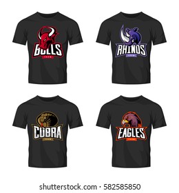 Furious rhino, bull, eagle and snake sport vector logo concept set isolated on black t-shirt mockup. Modern web infographic team pictogram. Premium quality wild animal t-shirt tee print illustration.