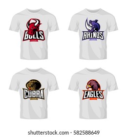 Furious rhino, bull, eagle and snake sport vector logo concept set isolated on white t-shirt mockup. Modern web infographic team pictogram. Premium quality wild animal t-shirt tee print illustration.