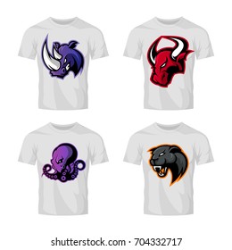 Furious rhino, bull, octopus and panther sport vector logo concept set isolated on white. Street wear mascot team badge design. Premium quality wild animal emblem t-shirt tee print illustration.