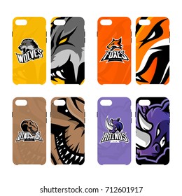 Furious rhino, dinosaur, fox, wolf vector logo concept smart phone case set. Modern mascot sport team badge design. Premium quality wild animal emblem cell phone cover illustration.