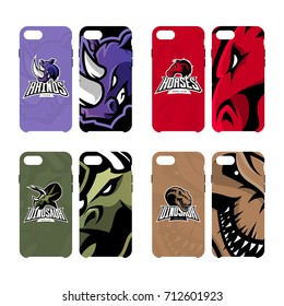 Furious rhino, dinosaur, horse vector logo concept smart phone case set. Modern mascot sport team badge design. Premium quality wild animal emblem cell phone cover illustration.