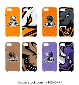 Furious rhino, dinosaur, panther, eagle vector logo concept smart phone case set. Modern mascot sport team badge design. Premium quality wild animal emblem cell phone cover illustration.