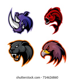Furious rhino, eagle, panther, piranha vector logo concept set isolated on white. Street wear mascot sport team badge design. Premium quality wild animal emblem t-shirt tee print illustration.