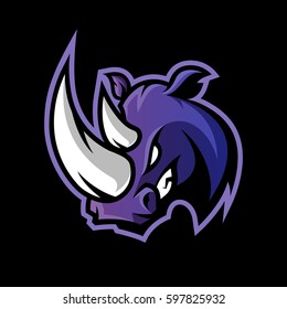 Furious rhino head sport vector logo concept isolated on dark background. Professional team badge design. Premium quality wild animal t-shirt tee print illustration.