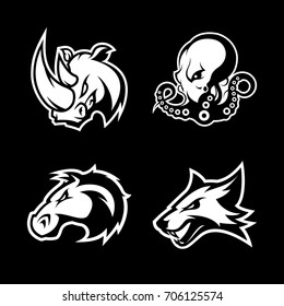 Furious rhino, octopus, horse and fox sport vector logo concept set isolated on black. Street wear mascot team badge design. Premium quality wild animal emblem t-shirt tee print illustration.