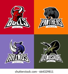 Furious rhino, panther, dinosaur, bull head isolated vector sport logo concept set. Modern badge mascot design. Premium quality wild animal t-shirt tee print illustration. Street racing team emblem.