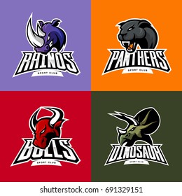 Furious rhino, panther, dinosaur, bull head isolated vector sport logo concept set. Modern badge mascot design. Premium quality wild animal t-shirt tee print illustration. Street racing team emblem.