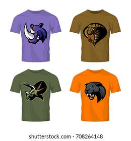 Furious rhino, panther, dinosaur and cobra sport vector logo concept set isolated on white. Street wear mascot team badge design. Premium quality wild animal emblem t-shirt tee print illustration.