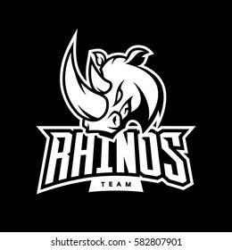 Furious rhino sport mono vector logo concept isolated on dark background. Web infographic professional team pictogram. Premium quality wild animal t-shirt tee print illustration.