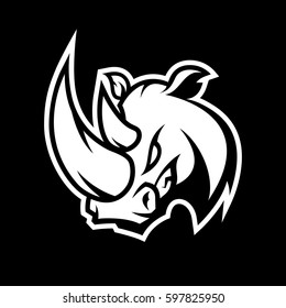 Furious rhino sport mono vector logo concept isolated on dark background. Professional team badge design. Premium quality wild animal t-shirt tee print illustration.