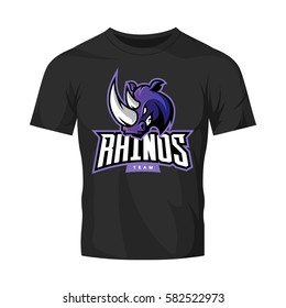 Furious rhino sport vector logo concept isolated on black t-shirt mockup. Modern web infographic professional team pictogram. Premium quality wild animal t-shirt tee print illustration.