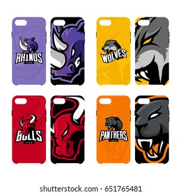 Furious rhino, wolf, bull and panther sport vector logo concept smart phone case. Modern professional team badge. Premium quality wild animal mascot cell phone cover illustration design.