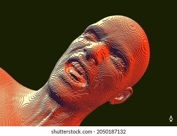 Furious screaming man. Emotional scream of a man with open shouting mouth. Demon face. People and emotions concept. Voxel art. 3D vector illustration.