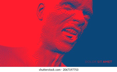 Furious screaming man. Emotional scream of a man with open shouting mouth. Demon face. People and emotions concept. Voxel art. 3D vector illustration.