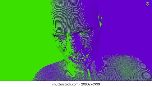 Furious screaming man. Emotional scream of a man with open shouting mouth. Demon face. People and emotions concept. Voxel art. 3D vector illustration.