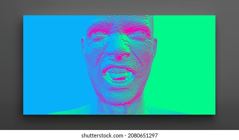 Furious screaming man. Emotional scream of a man with open shouting mouth. Demon face. People and emotions concept. Voxel art. 3D vector illustration.