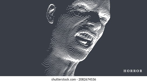 Furious screaming man. Emotional scream of a man with open shouting mouth. Demon face. People and emotions concept. Voxel art. 3D vector illustration.