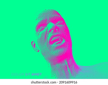 Furious screaming man. Emotional scream of a man with open shouting mouth. Demon face. People and emotions concept. Voxel art. 3D vector illustration.