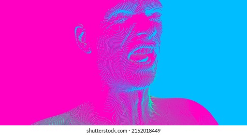 Furious screaming man. Emotional scream of a man with open shouting mouth. Demon face. People and emotions concept. Voxel art. 3D vector illustration.