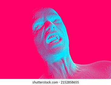 Furious screaming man. Emotional scream of a man with open shouting mouth. Demon face. People and emotions concept. Voxel art. 3D vector illustration.