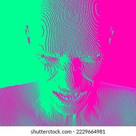 Furious screaming man. Emotional scream of a man with open shouting mouth. Demon face. People and emotions concept. Voxel art. 3D vector illustration.