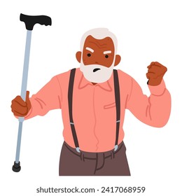 Furious Senior Man Waves His Cane, Eyes Ablaze With Frustration. Lines Etched On His Face Convey A Lifetime Of Experience, Now Channeled Into Vehement Displeasure. Cartoon People Vector Illustration