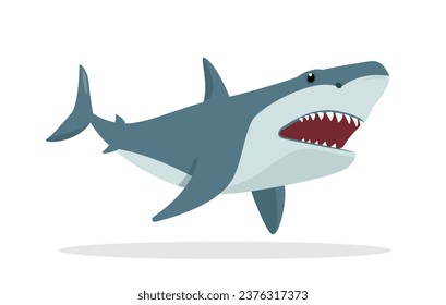 Furious Shark animal icon. Underwater swimming shark, toothy fish mascot, sea fauna character. Ocean aquatic shark with open mouth. Vector flat or cartoon illustration isolated on white background.