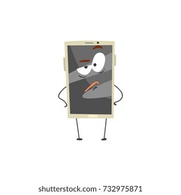 Furious smartphone character with a grey screen, arms and legs cartoon vector Illustration