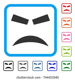 Furious Smile icon. Flat gray iconic symbol in a blue rounded frame. Black, gray, green, blue, red, orange color variants of Furious Smile vector. Designed for web and app interfaces.