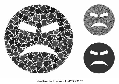 Furious smiley composition of bumpy parts in various sizes and shades, based on furious smiley icon. Vector rugged parts are combined into collage. Furious smiley icons collage with dotted pattern.