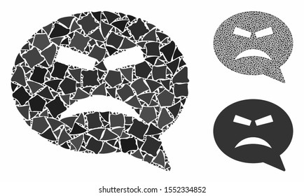 Furious smiley message mosaic of rough items in variable sizes and color hues, based on furious smiley message icon. Vector raggy items are united into collage.