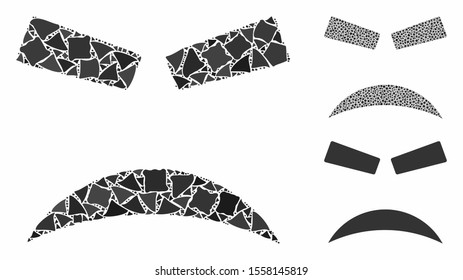 Furious smiley mosaic of uneven pieces in variable sizes and color tints, based on furious smiley icon. Vector joggly dots are united into collage. Furious smiley icons collage with dotted pattern.