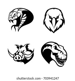 Furious snake, eagle, boar and dinosaur sport vector logo concept set isolated on white. Street wear mascot team badge design. Premium quality wild animal emblem t-shirt tee print illustration.