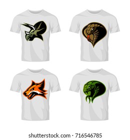 Furious snake, fox, cobra, dinosaur vector logo concept on white t-shirt mockup. Street wear mascot sport team badge design set. Premium quality wild animal emblem tee print illustration.