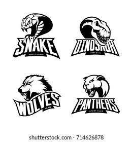 Furious snake, panther, wolf, dinosaur vector logo concept set isolated on white. Street wear mascot sport team badge design. Premium quality wild animal emblem t-shirt tee print illustration.
