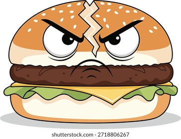 Furiosa hamburguesa de moño. Mascota de comida de rabia intensa. Ilustración de hamburguesa de queso enojada agrietada.