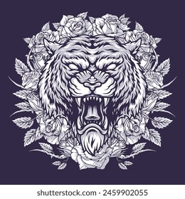 Furious tiger monochrome vintage sticker with wild oriental cat opening its mouth with rose flowers around its head vector illustration