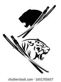 furious tiger profile head and samurai katana sword black and white vector design set - wild animal and warrior spirit concept
