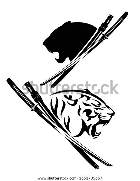 怒りに満ちた虎の横顔と侍の刀と白黒のベクター画像デザインセット 野生の動物と戦士の霊コンセプト のベクター画像素材 ロイヤリティフリー
