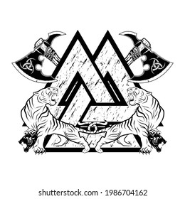 Tigres furiosos sobre el fondo de ejes de batalla cruzados. Sagrado símbolo de Celts. Estilo nórdico grunge. Triskelion. Triskele. Tatuaje negro. Ilustración vectorial.