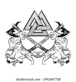 Tigres furiosos sobre el fondo de ejes de batalla cruzados. Sagrado símbolo de Celts. Estilo nórdico grunge. Triskelion. Triskele. Tatuaje negro. Ilustración vectorial.
