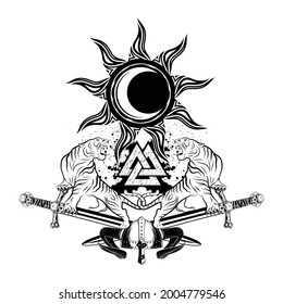 Tigres furiosos sobre el fondo de espadas cruzadas. Sagrado símbolo de Celts. sol negro y luna. Estilo nórdico grunge. Triskelion. Triskele. Tatuaje negro. Ilustración vectorial.