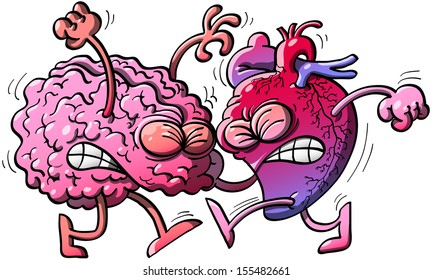 Furious and very determined brain and heart clenching its eyes, teeth and fists in a very aggressive attitude while facing in a tough fight and exchanging threats and heavy punches