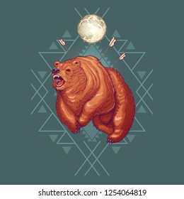 Furious werebear cartoon vector illustration with geometrical ornament and aggressive grizzly bear wounded with arrows, running and roaring under full moon. Native Americans totem animal or spirit