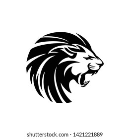 furious wild lion with flying mane - roaring animal profile head black and white vector design