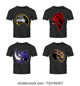 Furious wolf, dinosaur, piranha, rhino sport vector logo concept set isolated on white. Street wear mascot team badge design. Premium quality wild animal emblem t-shirt tee print illustration.