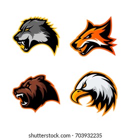 Furious wolf, fox, bear and eagle sport vector logo concept set isolated on white background. Street wear mascot team badge design. Premium quality wild animal emblem t-shirt tee print illustration.